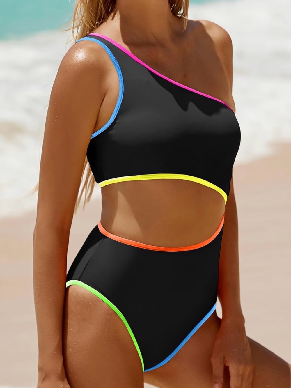 Black One-Shoulder Cutout Swimsuit with Neon Trim